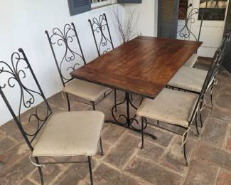 Mid-century iron and wood top table and 6 chairs