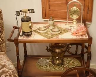 Serving Cart With Antique Phone and Clock