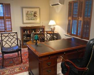 Lovely office furniture- leather top desk, credenza and bookcase
