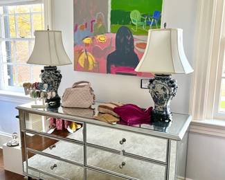 Pottery Baren Mirrored Dresser Blue and White Lamps, Paula Wachsstock original oil on canvas, ...