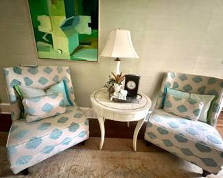 Baker Verdi Lounge Chairs, Absstract on canvas by Paula Wachsstock, painted antique table and the most amazing lamps throughout the home