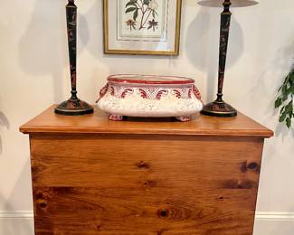 Pine Mule Chest by Habersham, Sarreid Chinoiserie lamps, Abigails hand thrown pottery, vintage botanicals and more...