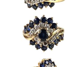 14K Yellow Gold Sapphire & Diamond Cluster Ring, Size 6-3/4