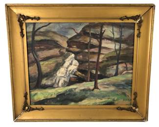 1947 Signed Impressionist Waterfall Landscape Oil On Board Painting, "RAIN ROCK"