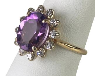14K Yellow Gold 10.5x8mm Oval Amethyst & Diamond Ring, Size 6-3/4