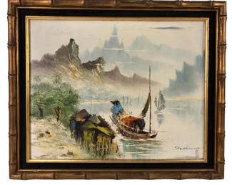 Mid-Century Chinese River Landscape Oil On Board Painting, Signed