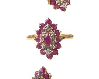 14K Yellow Gold Ruby & Diamond Pave Cluster Ring, Size 7-1/4