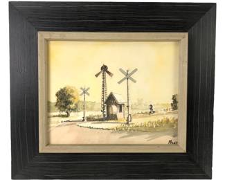 1967 Level Crossing Landscape Watercolor Painting, Signed