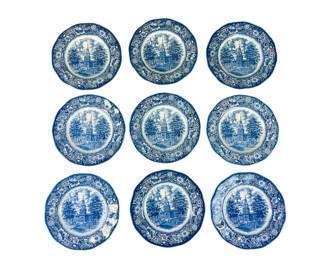 Vintage Staffordshire Liberty Blue Independence Hall Dinner Plates (Set Of 9)
