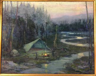 1938 Framed Campsite Landscape Oil On Board Painting, Signed B. Quinn