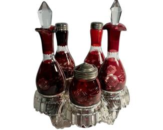 Bohemian Ruby Red Hand Etched Cut Glass Cruet Set