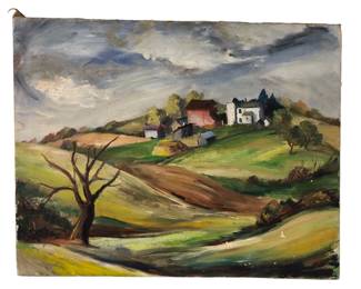 1940 Country Farm Hills Landscape Oil On Canvas Painting, Signed
