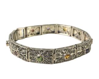 Sterling Silver & Marcasite Bracelet With Multi-Color Round Gemstones