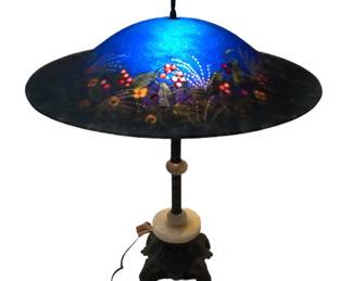 Art Deco Flowers & Fronds Reverse Painted Table Lamp With Marble & Brass Base, WORKS