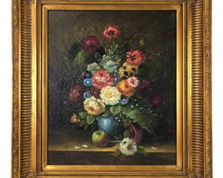 Antique Still Life Floral Bouquet Oil On Canvas Painting With Gilt Frame