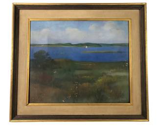 Framed Lakeside Landscape Oil On Canvas Painting, Signed TC Cole