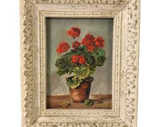 Mid-Century Geranium Still Life Oil On Board Painting, Signed