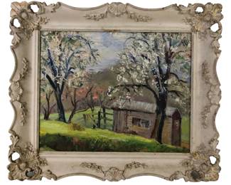 Mid-Century Country Farm Landscape Oil On Board Painting, Signed