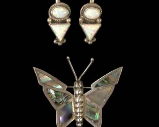 Mexican Sterling Silver Abalone Butterfly Pin & Sterling Silver Opal Earrings
