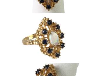 14K Yellow Gold Opal & Sapphire Ring, Size 5-3/4