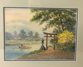 Signed Shumin Ota Japanese Torii Entrance River Landscape Watercolor Painting