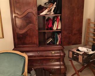 amoire, purses, boots, luggage rack, vintage crib