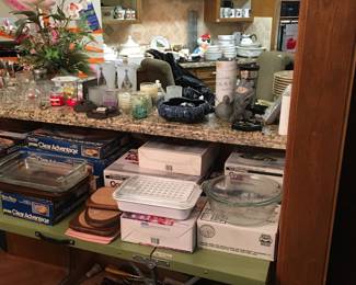new pyrex corning ware, kitchen utensils, candles, clocks & pottery