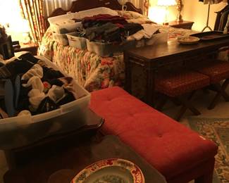 custom drapery, bedding, furniture, beanie babies, men's & women's clothes, shoes, accessories, lamps, night stand dressers, large dresser & mirror, needlepoint swivel claw footed stool, claw footed square table