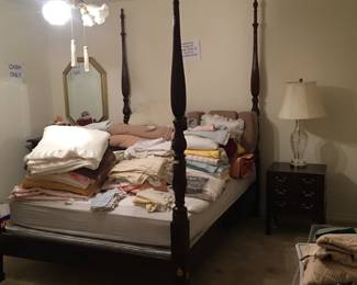 crystal lamps, mirror, bed frame, night stands, linens, tableclothes, bedding 