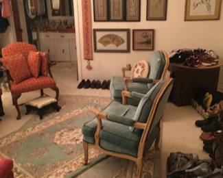 matching chairs, rugs, asian art, wrought iron foot stool, shoes, purses