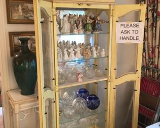 angel collection, china cabinet, pottery vase, plant stand, metal mailbox, crystal rose bowls
