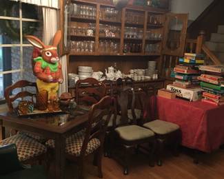 Department 56 Easter Bunny, dining table & chairs, vintage games, crystal glassware, china, leather office chair, rugs