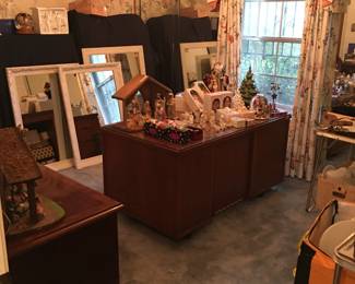 Precious Moments collection and Nativity,  Italian Nativity,  Tupperware, Christmas decorations, small appliances, dresser, asian mirror 