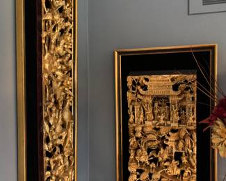 Antique Chinese hand carved wood gold gilded panels  