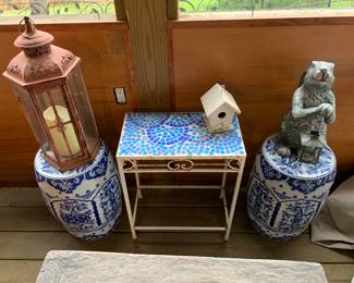 Vintage blue and white garden stools & table