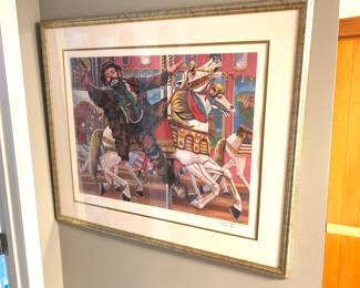Leighton Jones signed lithograph. Clown, carousel 
