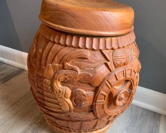 Vintage Asian carved wood jar 