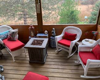 Like new indoor outdoor wicker patio furniture, gas fire pit, decor