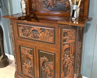 Hand carved wood Asian Chinese oriental bar cabinet liquor storage