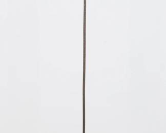 90	Wrought Iron Adjustable Double Candle Stand	Wrought iron adjustable 2 light candle stand, tripod base. 59 1/2"H x 14"W at legs. Rusting and losses to patina, wax residue on candle holders, small chip at base of finial.
