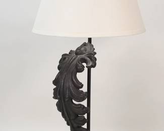 419	Restoration Hardware Acanthus Leaf Artifact Lamp	Restoration Hardware cast metal acanthus leaf form table lamp. 29 3/8"H including harp and finial. Minor staining to shade, some losses to patina and rusting on base.
