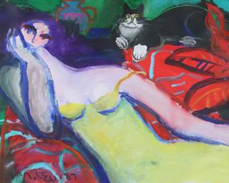 114	Michael Leu Oil on Paper Woman With Cat	Michael Leu (Taiwan, 1950-). Oil on paper, woman with cat. Signed and dated lower left M. Leu '87. 22" x 29 1/2" (with frame 32 1/4" x 40 1/4"). Waviness to paper, discoloration to mat.
