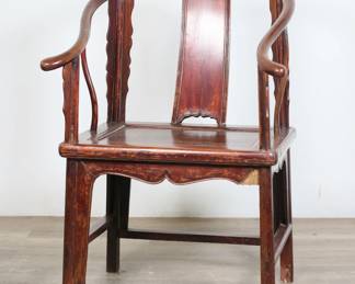 174	Chinese Huanghali Style Horseshoe Chair	"Chinese Huanghali style horseshoe chair. Curving bentwood arms and splat. Losses to veneer and carvings on apron surrounding front right leg. Joinery of stretcher, apron and left back leg are loose. Splits and repairs to wood on curved top rail. Wear, scratches and nicks to wood on seat. Chips and nicks to wood on feet and throughout stretcher. 
26 3/8"" W x 22 1/4"" D x 39 3/8"" H. 25 lbs."
