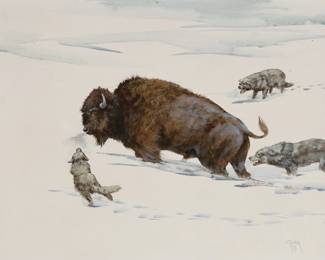 200	Ron Raymer Acrylic on Masonite Bison & Wolves	Ron Raymer (American, 1943-2018). Acrylic on masonite bison with wolves in winter landscape. Signed and dated Raymer 79 lower right. 15 5/8" x 19 3/4" (with frame 24" x 28").
