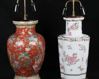 180	2 Chinese Porcelain Lamps	2 Chinese porcelain lamps. Export style with pink flowers, 24 5/8"; red ground with flowers and animals including lions, zebras, giraffes, 24 1/2"H.
