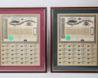 70	2 Brooklyn Steamship Convertible Bonds	2 Brooklyn Steamship & Emigration Co. $1000 convertible bonds. Both June, 1867. Each 18" x 13 1/2" (with frames 23 5/8" x 19"). Both with creasing throughout, some discoloration.
