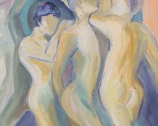 3	Carole Barth Oil on Canvas Nudes	Carole Barth (American, 20th century-). Oil on canvas, abstract nudes. Unsigned. 23 1/2" x 17" (with frame 26 5/8" x 20 3/8"). Discoloration to linen mat.
