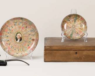 83	Lot of Tobacciana Including Humidor, Pipe	"Lot of smoking items and accessories, including glass tobacco jar, 7 5/8""H; wood humidor with metal lining, 13""L x 8 1/8""D x 3 3/8""H; St. Claude Butz Choquin pipe, 7""L; 3 decoupage cigar label glass plates, largest 8""-diameter.
Tobacco jar roughness and minor chips to rim, chips to rim of lid; humidor lid separating at corner and top, lining bent and tarnished, scratches and chips to wood, lid does not close firmly; pipe wear and bite marks to stem."
