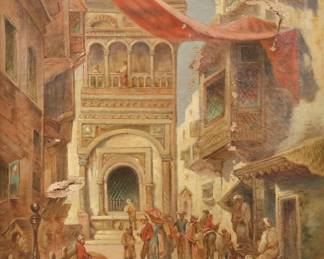 13	Signed A. Sibari Oil on Canvas Market Scene	Oil on canvas, middle eastern market scene. Signed lower left A. Sibari. 18 1/2" x 12" (with frame 27 5/8" x 21"). Tear and paint loss center left, tears and paint loss throughout sky, tear and paint loss through building center right. scratch upper center in sky; chips and losses to frame.
