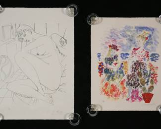 23	2 Lithographs Fazzini, Terechkovitch	"2 lithographs. Constantin Terechkovitch, women with flowers, pencil signed lower right and numbered 175/200 in pencil lower left, 22"" x 17 7/8""; Pericle Fazzini, portrait of a nude, pencil signed and dated 1955 lower right and numbered 37/100 in pencil lower left, 26 3/8"" x 19"". Both unframed. Both stored rolled. Both with creases throughout, some discoloration to Terekovitch, both with notations in pencil and tape residue on verso.

From the estate of Maurice Binder. Born in 1918, Maurice Binder was an American film title designer, best known for his work on 14 James Bond films, including Dr. No. He died in 1991 at the age of 72.
"

